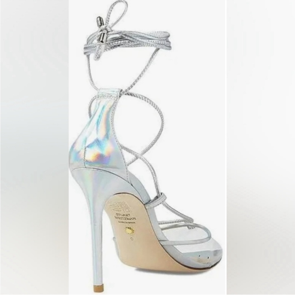 Stuart Weitzman Stuart Lace-Up Point Toe Stiletto Pump in Silver/Clear - Picture 3 of 6